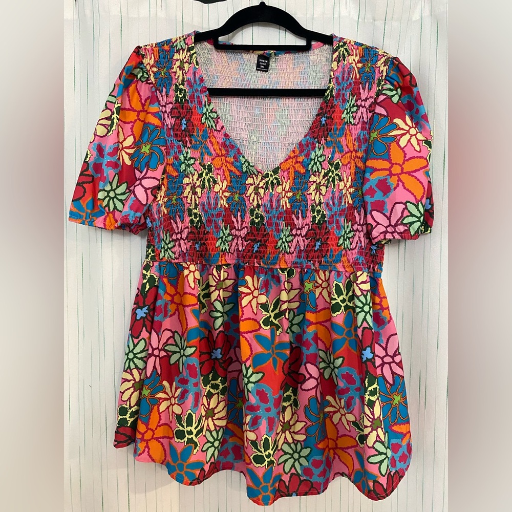 SHEIN Vibrant Floral Smocked Blouse